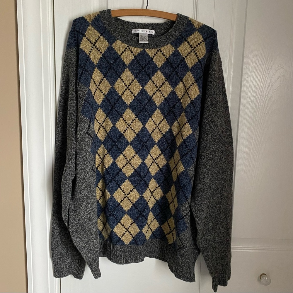 Geoffrey Beene 100% Lambs Wool  Crewneck Argyle Sweater XXL Preppy  80s 90s Ivy